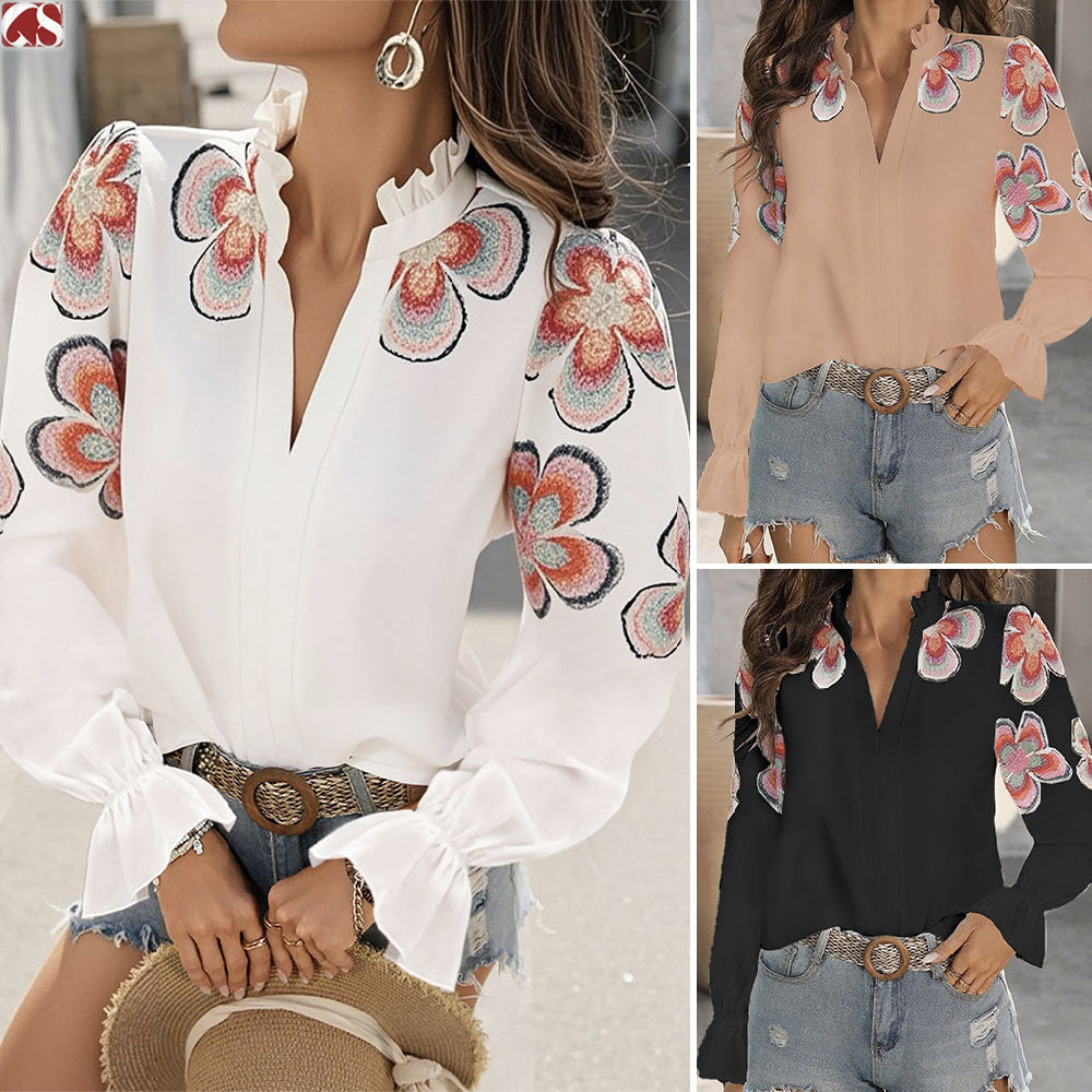 Chic V-Neck Ruffle Blouse by Cristina Gore