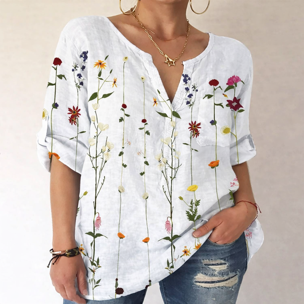 Bluză din bumbac cu imprimeu și decolteu în V de Cristina Gore