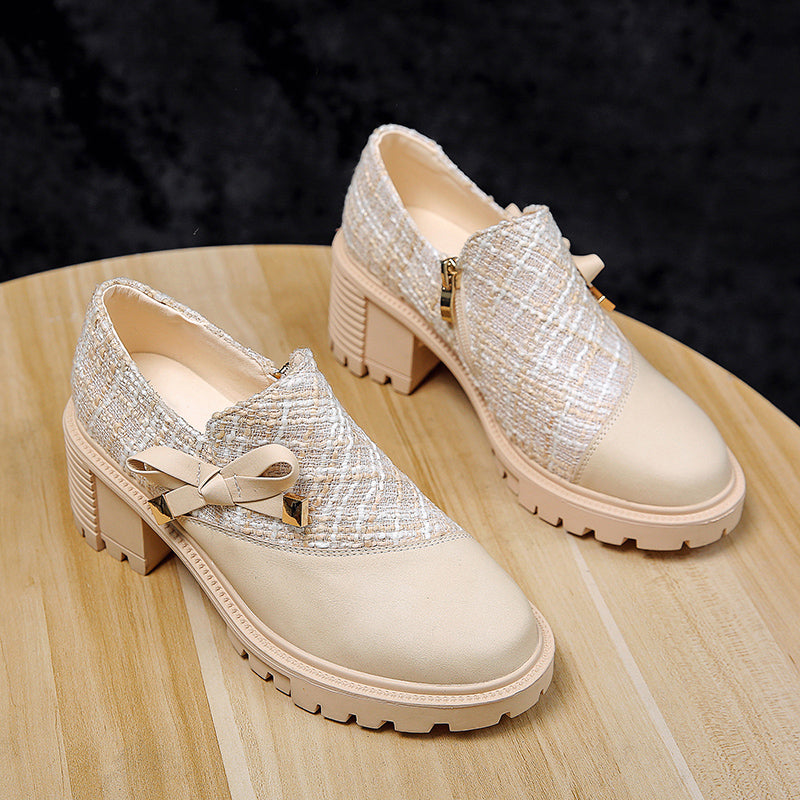 Pantofi cu toc gros Cristina din tweed cu fundă - Inspirație