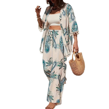 Set elegant cu cardigan și pantaloni Cristina Gore cu imprimeu