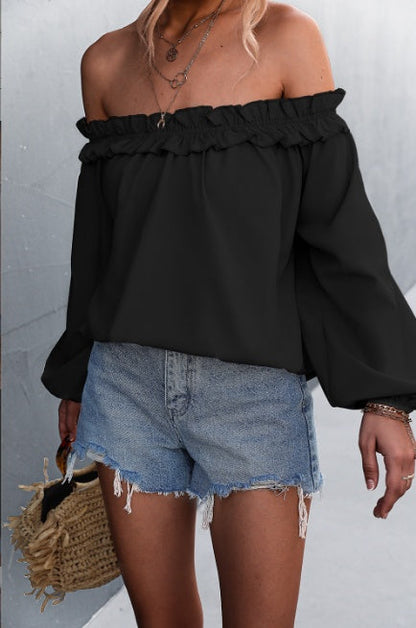 Top elegant cu mâneci tip felinar, fără umeri, de la Cristina Gore