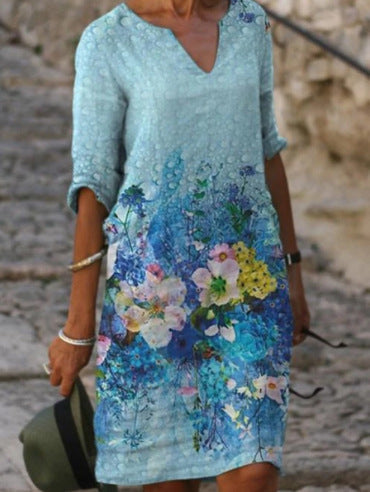 Rochie Cristina din in cu decolteu în V - Imprimeu floral și frunze