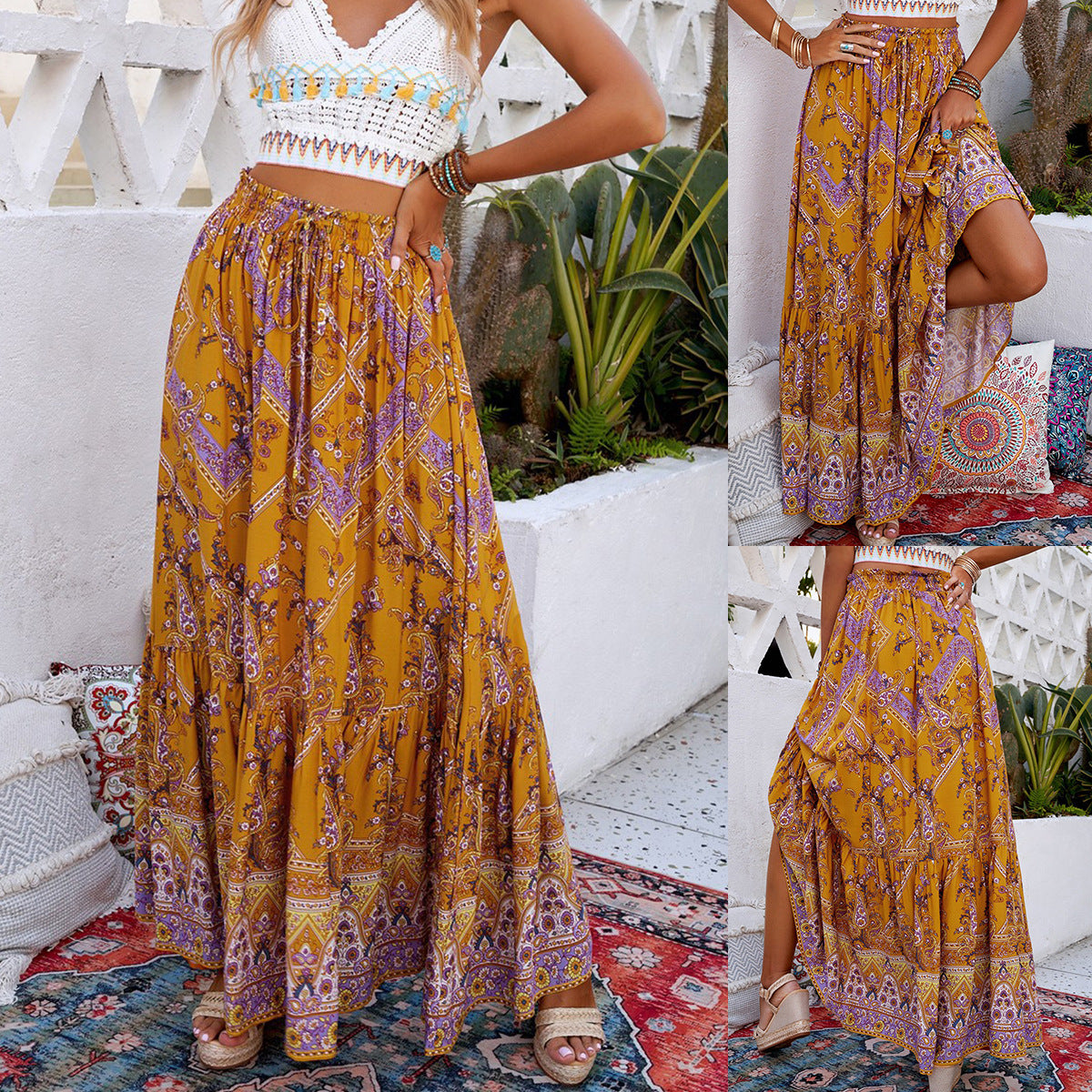 Fustă maxi Cristina Gore cu imprimeu geometric boho și leagăn