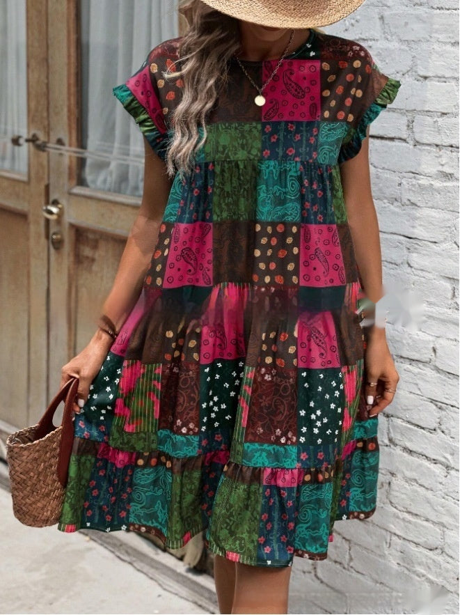 Rochie midi de vară Cristina Gore cu model boho și imprimeu petic