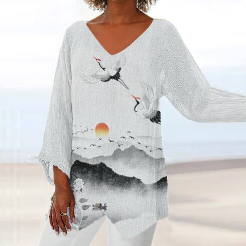 Top Cristina cu imprimeu 3D și decolteu în V - Inspirat din natură