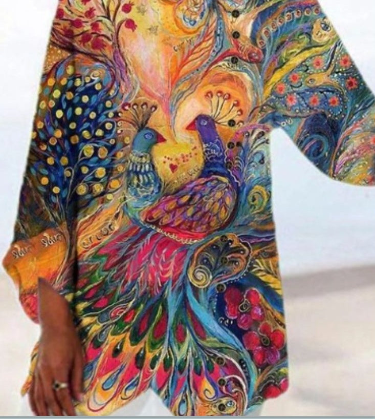 Top Cristina cu imprimeu de păun - Inspirație boemă artistică