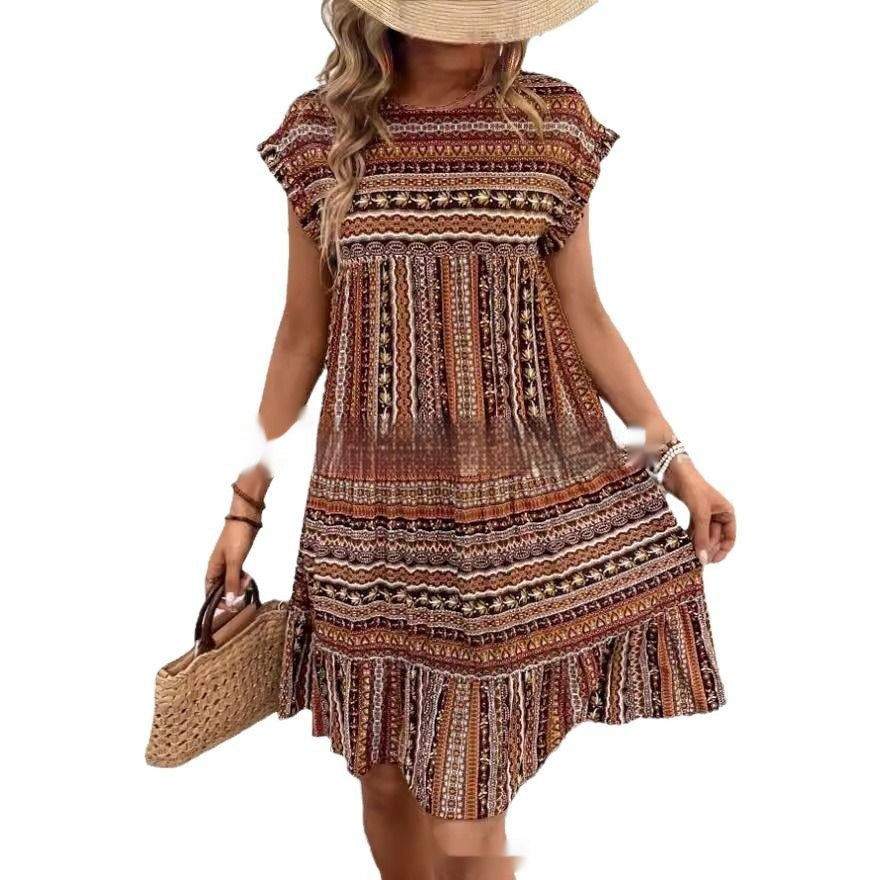 Rochie midi de vară Cristina Gore cu model boho și imprimeu petic