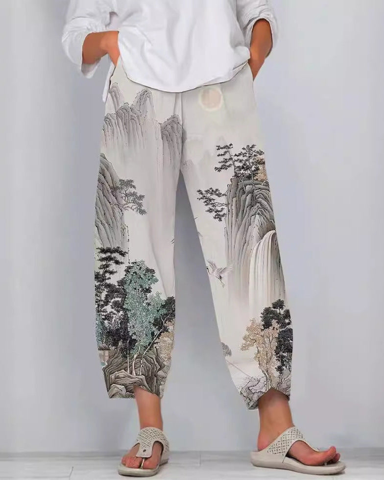 Pantaloni artistici din in cu model 3D Cristina Gore