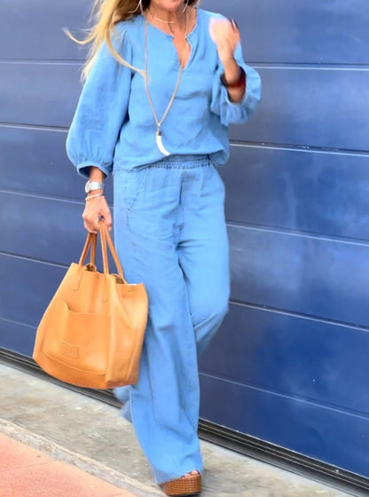 Set Cristina din bumbac și in - Pantaloni eleganți cu croială dreaptă