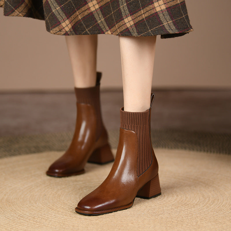 Ghete Cristina cu toc gros și talpă tip șosetă - Vârf pătrat vintage