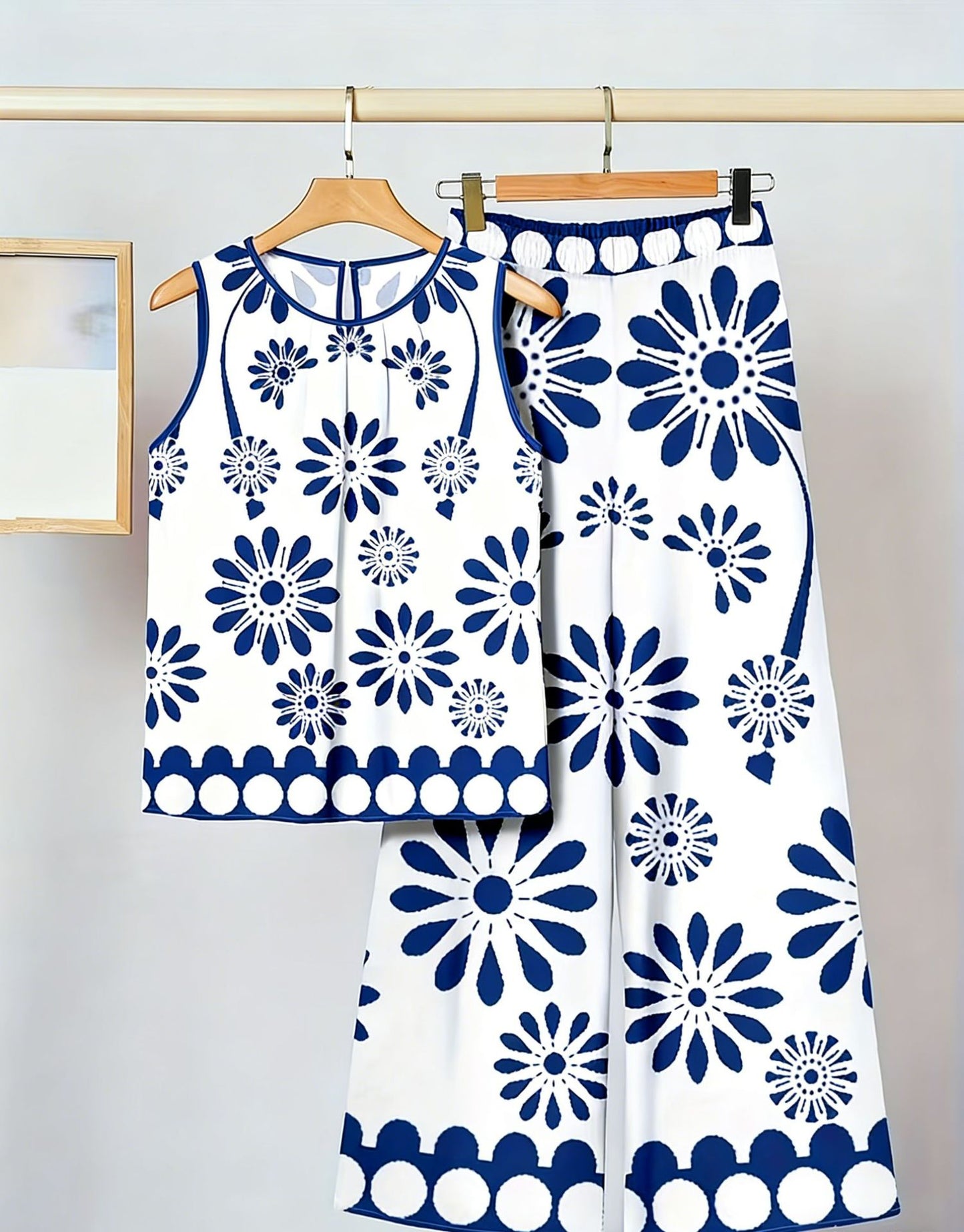 Set de două piese pentru femei, fără mâneci, cu imprimeu neregulat, maiou și pantaloni