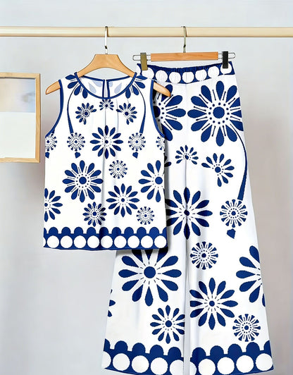 Set de două piese pentru femei, fără mâneci, cu imprimeu neregulat, maiou și pantaloni