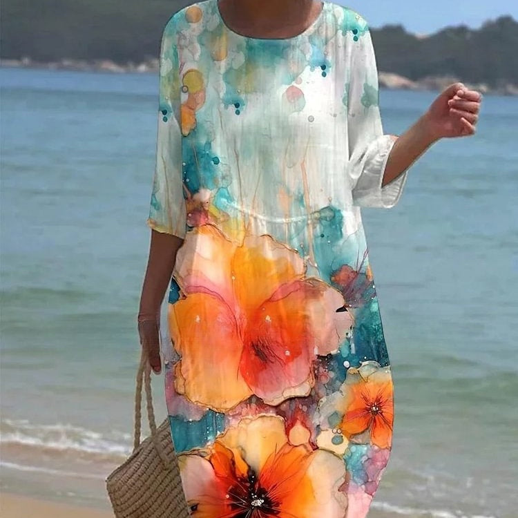 Rochie Cristina cu imprimeu floral - croială trapezoidală artistică