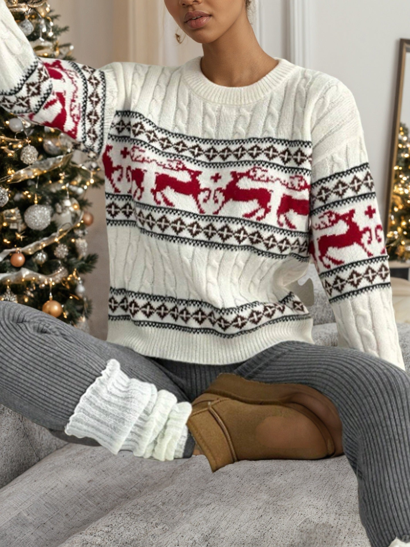 Pulover de Crăciun Cristina - Tricotaj festiv cu motive de reni