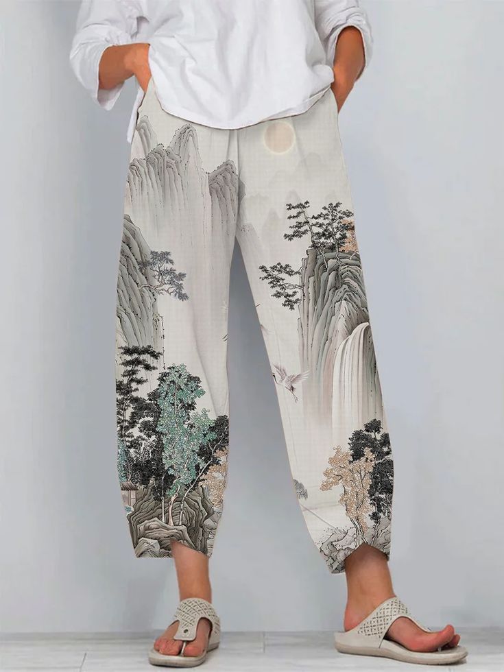Pantaloni artistici din in cu model 3D Cristina Gore