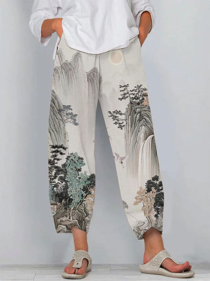 Pantaloni artistici din in cu model 3D Cristina Gore