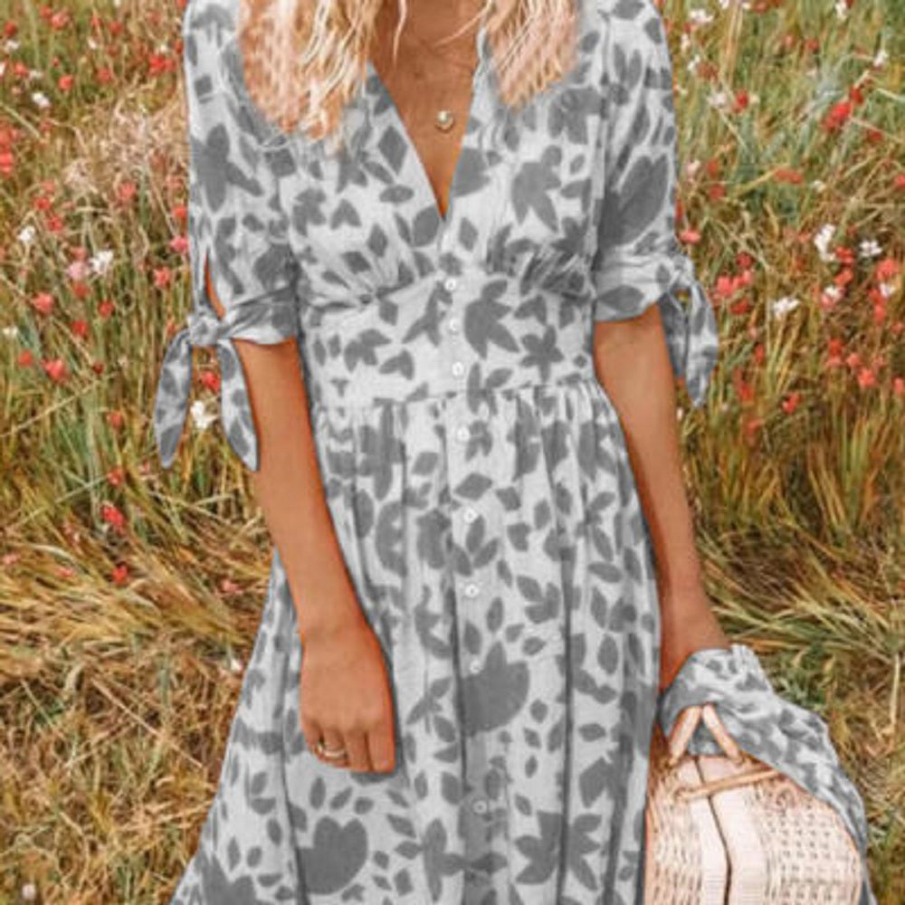 Rochie Cristina cu imprimeu și decolteu în V - Mâneci cu cinci puncte