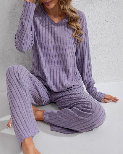 Set de lenjerie de casă pentru femei, cu mânecă lungă și pantaloni, cu nervuri