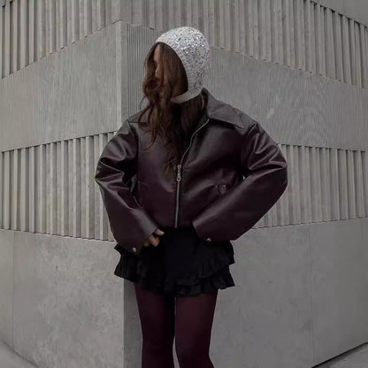 Jachetă din piele cu fermoar Cristina - Rever modern