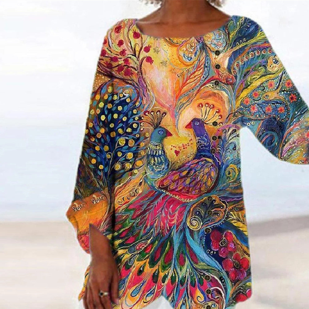 Top Cristina cu imprimeu de păun - Inspirație boemă artistică