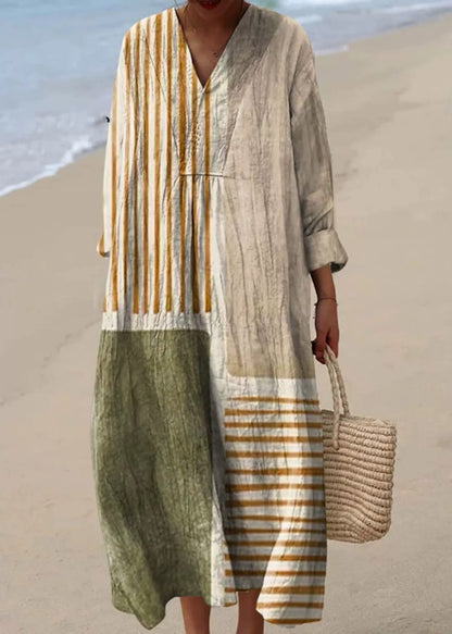 Rochie maxi Cristina din bumbac și in, cu decolteu în V