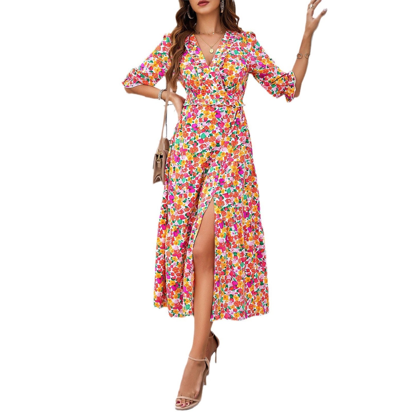 Rochie midi elegantă de vacanță Cristina Gore cu imprimeu floral