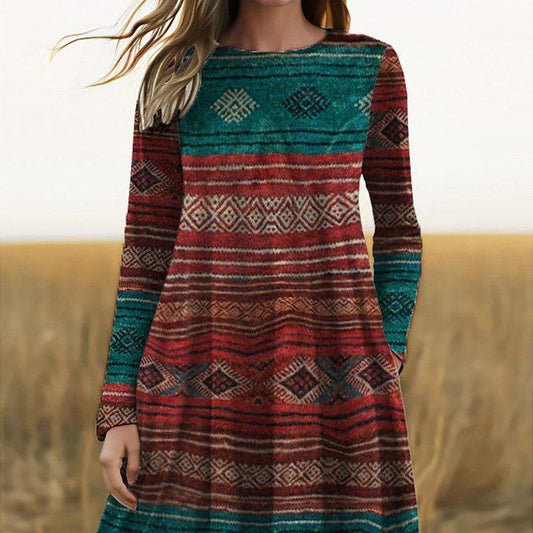 Rochie midi Cristina - Imprimeu geometric cu mâneci lungi