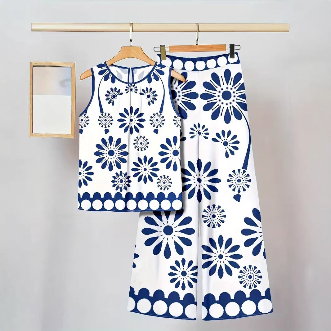 Set de două piese pentru femei, fără mâneci, cu imprimeu neregulat, maiou și pantaloni