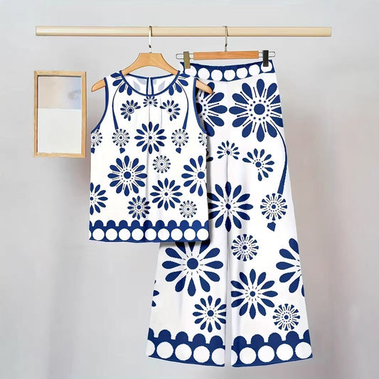 Set de două piese pentru femei, fără mâneci, cu imprimeu neregulat, maiou și pantaloni