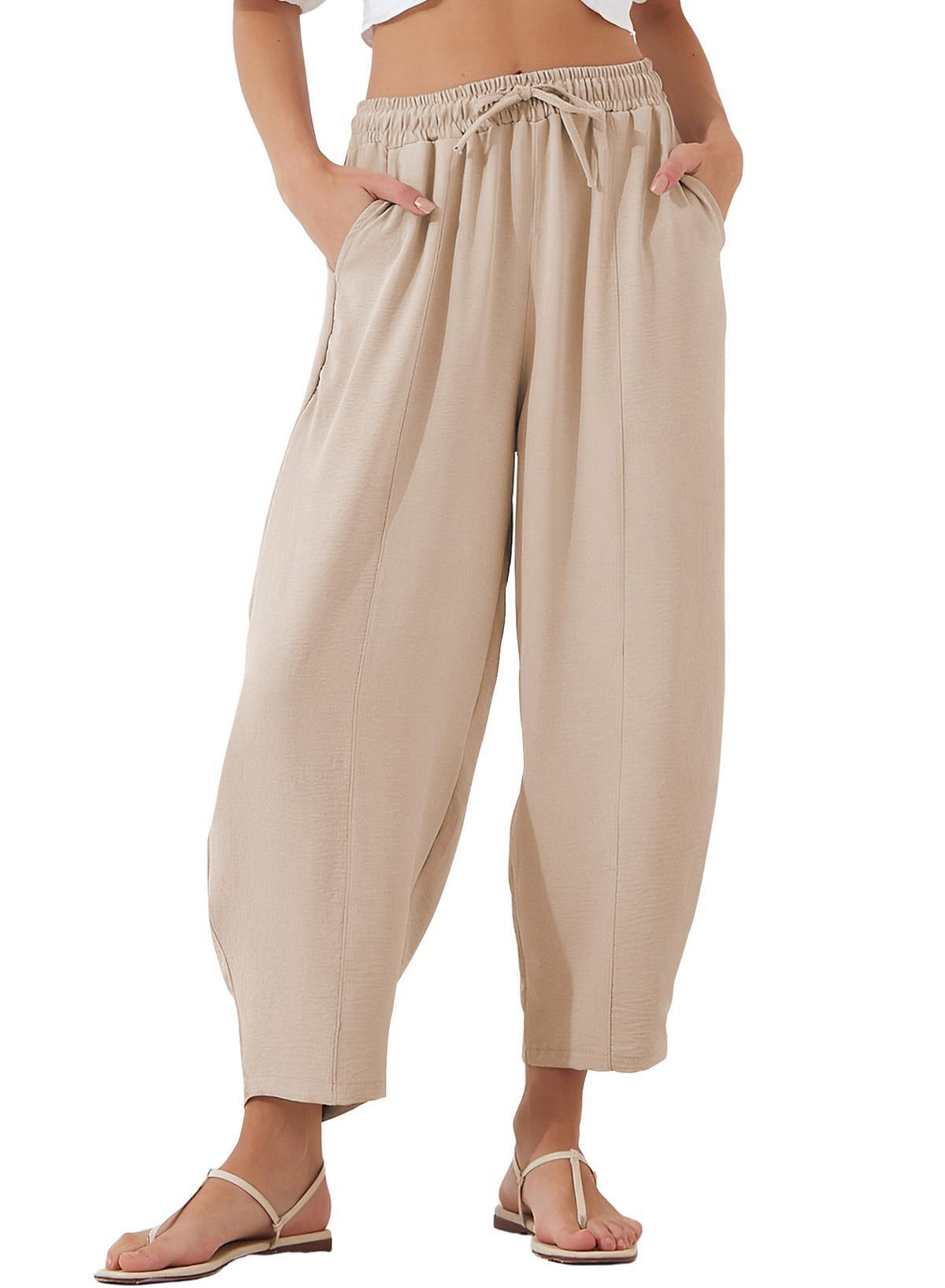 Pantaloni Cristina crop din bumbac și in - Croială plisată lejeră