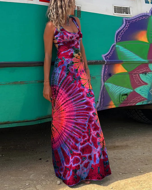 Rochie maxi Cristina Gore cu imprimeu geometric vibrant și spate gol