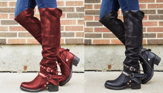 Cizme Cristina cu cataramă de curea - Toc gros în stil cavaleresc