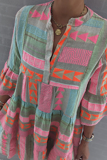 Rochie Cristina cu imprimeu și decolteu în V - Mâneci clopot - Bumbac și in