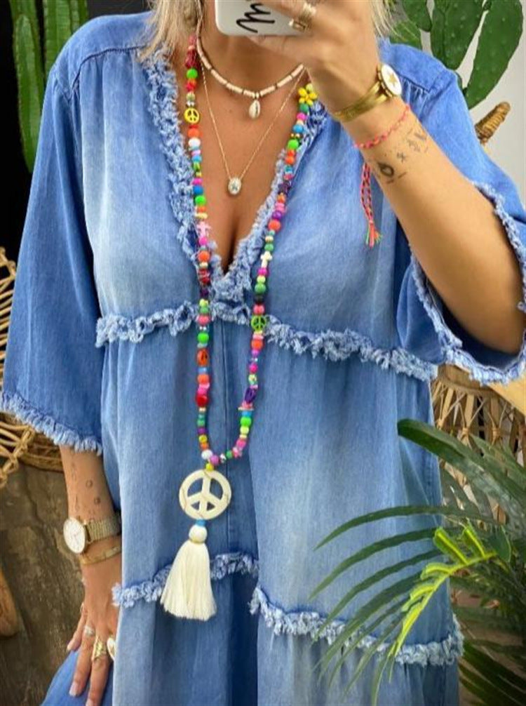 Rochie trapez boemă Cristina - Inspirație imprimeu albastru