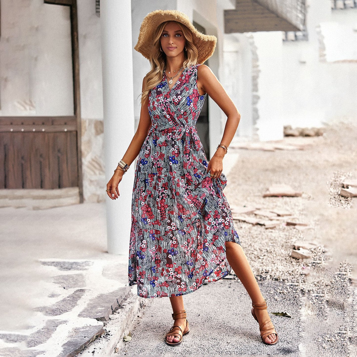 Rochie midi elegantă de vacanță Cristina Gore cu imprimeu floral
