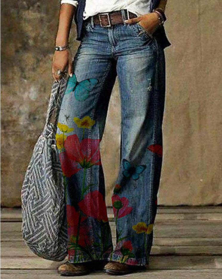 Pantaloni largi cu imprimeu floral artistic de Cristina Gore