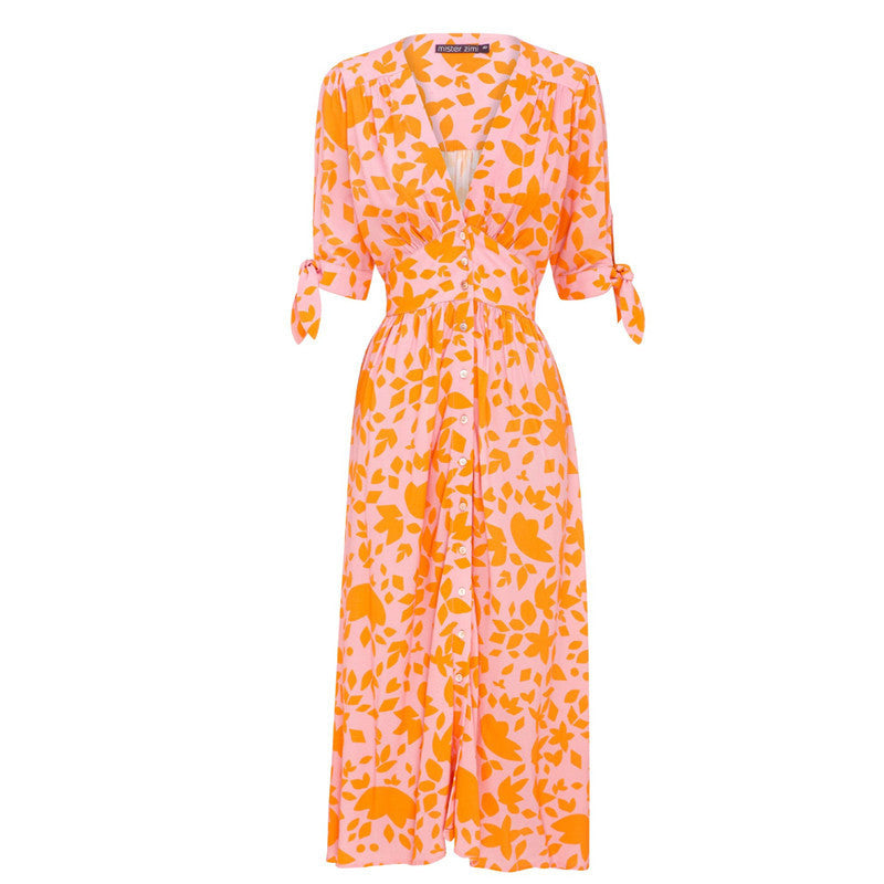 Rochie Cristina cu imprimeu și decolteu în V - Mâneci cu cinci puncte