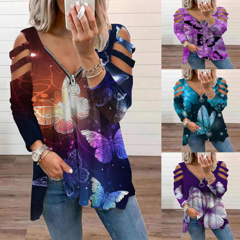 Pulover cu fermoar și fluturi Cristina - Top cu mânecă lungă imprimat