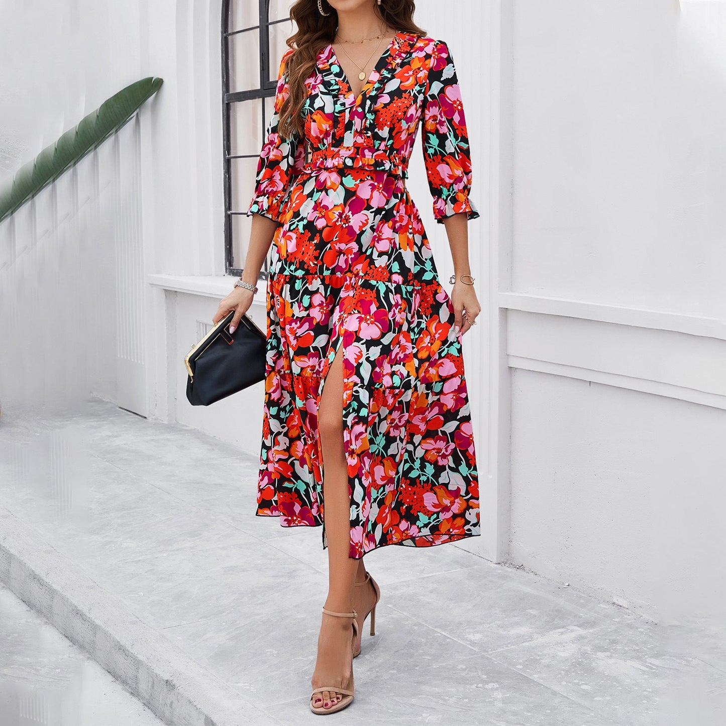 Rochie midi elegantă de vacanță Cristina Gore cu imprimeu floral