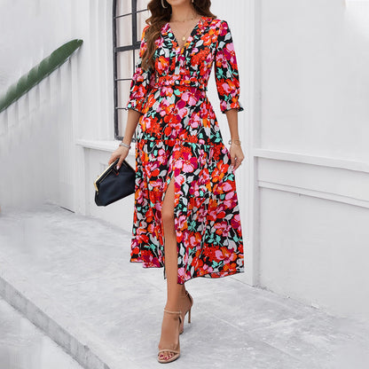 Rochie midi elegantă de vacanță Cristina Gore cu imprimeu floral