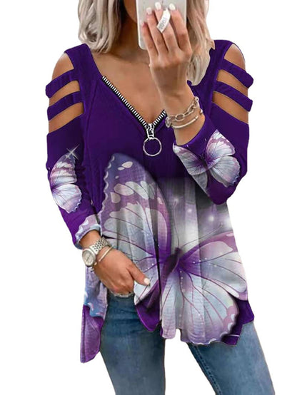 Pulover cu fermoar și fluturi Cristina - Top cu mânecă lungă imprimat