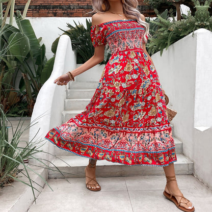 Rochie midi cu umeri goi, cu imprimeu floral boho, Cristina Gore