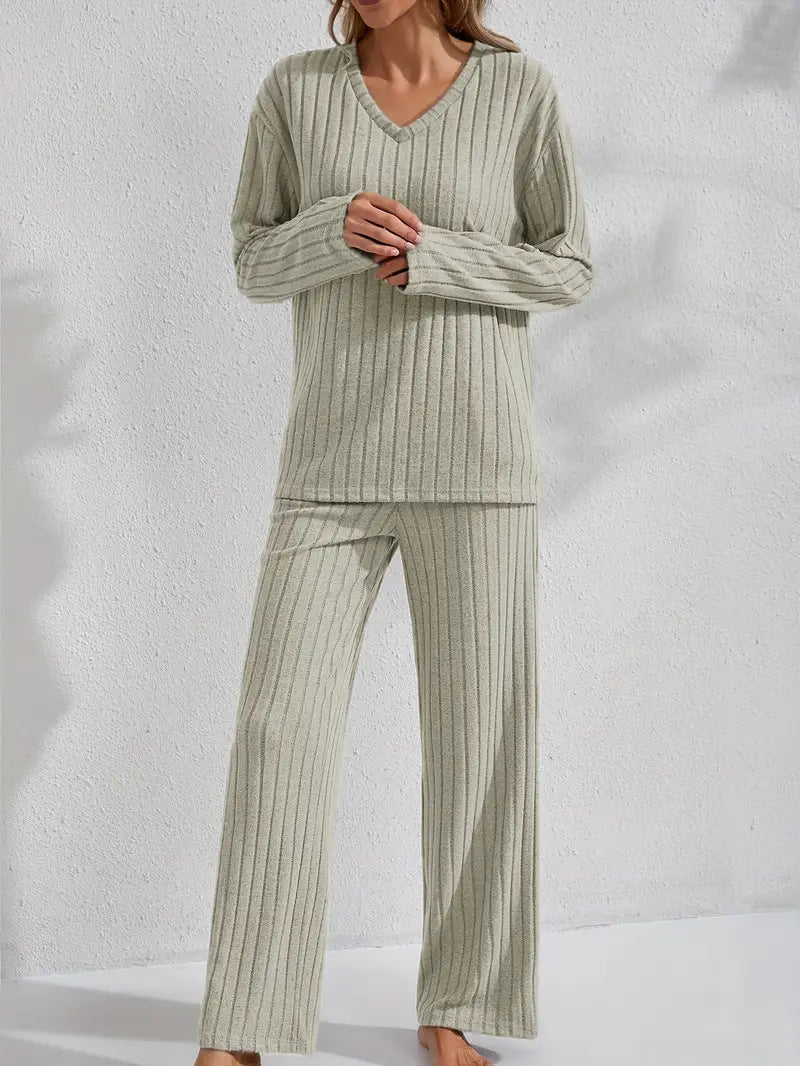 Set de lenjerie de casă pentru femei, cu mânecă lungă și pantaloni, cu nervuri