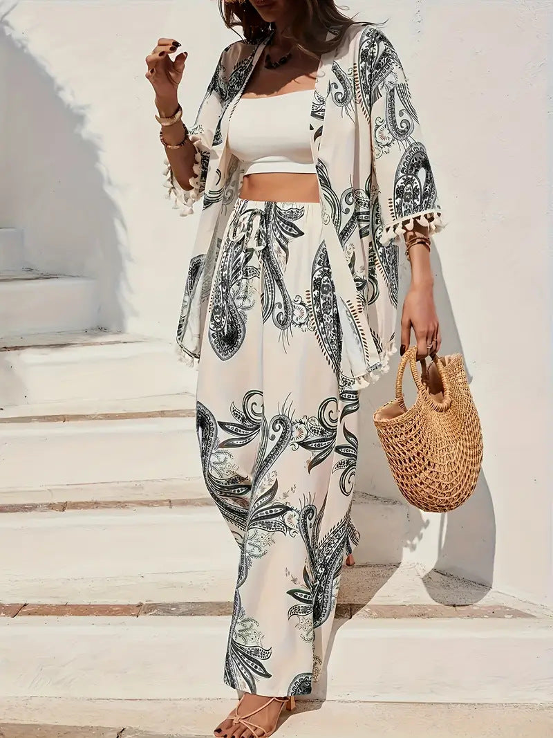 Set elegant cu cardigan și pantaloni Cristina Gore cu imprimeu