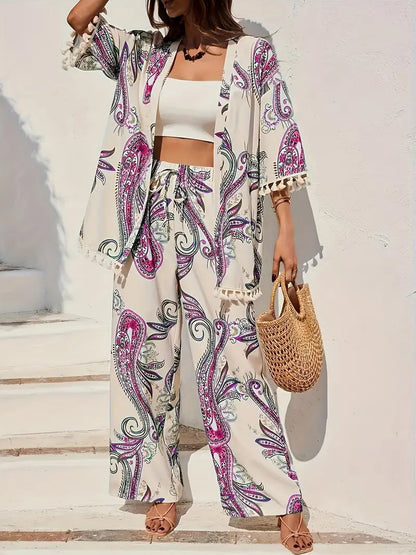 Set elegant cu cardigan și pantaloni Cristina Gore cu imprimeu