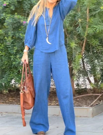 Set Cristina din bumbac și in - Pantaloni eleganți cu croială dreaptă