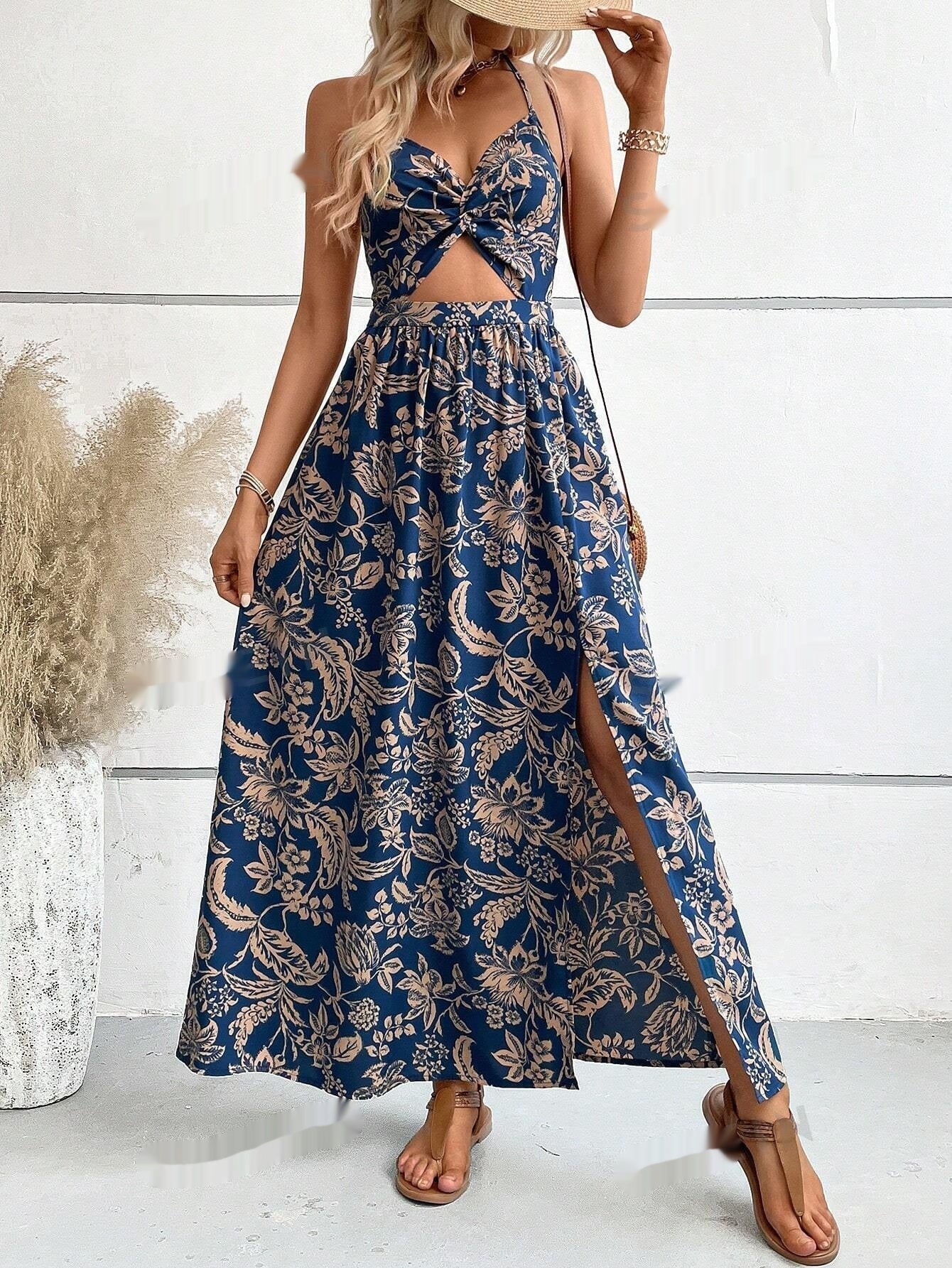 Rochie midi plisată elegantă cu decolteu halter și imprimeu Cristina Gore