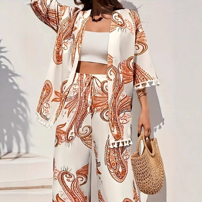 Set elegant cu cardigan și pantaloni Cristina Gore cu imprimeu