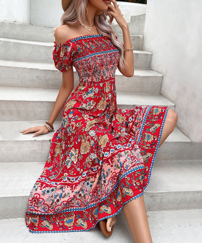 Rochie midi cu umeri goi, cu imprimeu floral boho, Cristina Gore