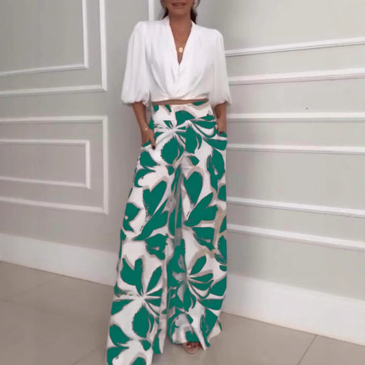 Set pantaloni largi, casual, la modă, cu mânecă trei sferturi, Socialite pentru femei